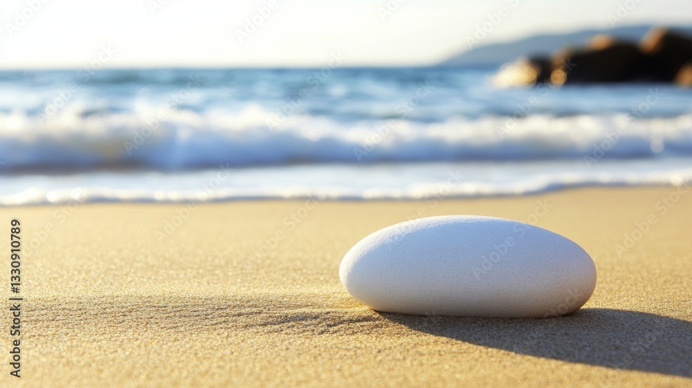 Serene beach scene with smooth white stone and gentle ocean waves Serene beach scene with smooth white stone and gentle ocean waves