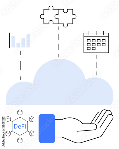 Cloud connecting puzzle, bar graph, and calendar with open hand and decentralized finance network. Ideal for technology, cloud computing, integration, blockchain, finance analysis scheduling. Flat