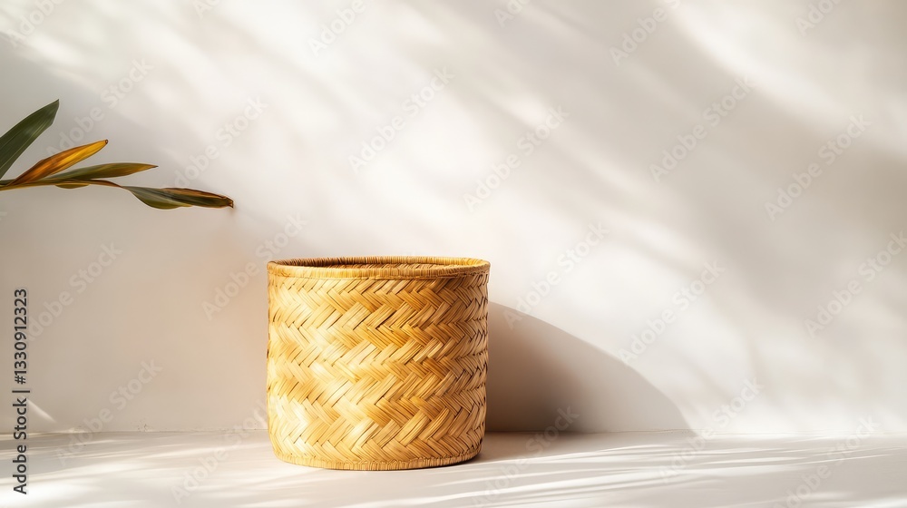 Fototapeta premium A single wicker storage basket with a subtle pattern, placed on a light background with plenty of room for text.