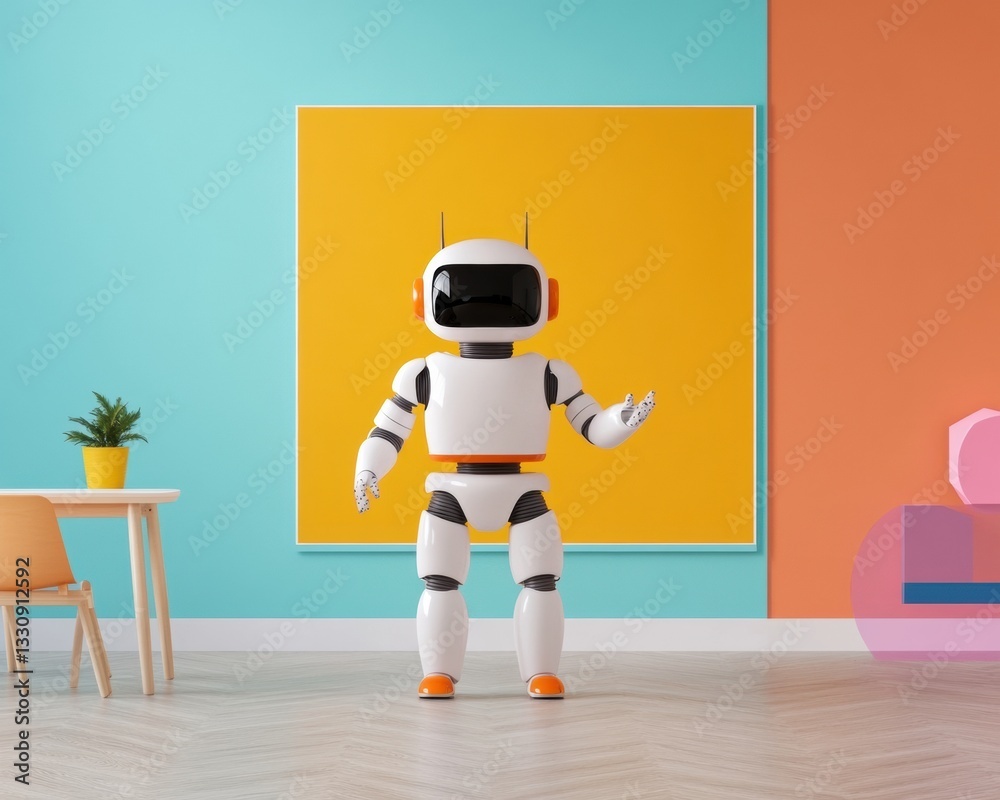 Obraz premium Future-Forward AI Education Minimalist Robotic Learning Assistant in Vibrant Pop Art Classroom - Innovative Digital Pedagogy for Next-Gen Immersive Experiences