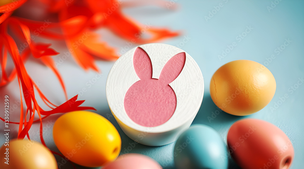 Easter concept. Top view photo of empty circle easter bunny ears yellow blue pink eggs and sprinkles on isolated pastel blue background with copyspace Easter concept. Top view photo of empty circle easter bunny ears yellow blue pink eggs and sprinkles on isolated pastel blue background with copyspace