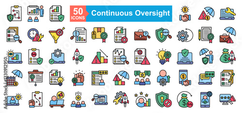 Continuous Oversight And Reliability Icon Sheet Planning, Availability, Strategy, Presentation, Reliability, Payment, Failure, Maintenance, Evaluation, Time Alert, Target, Degradation, Failure