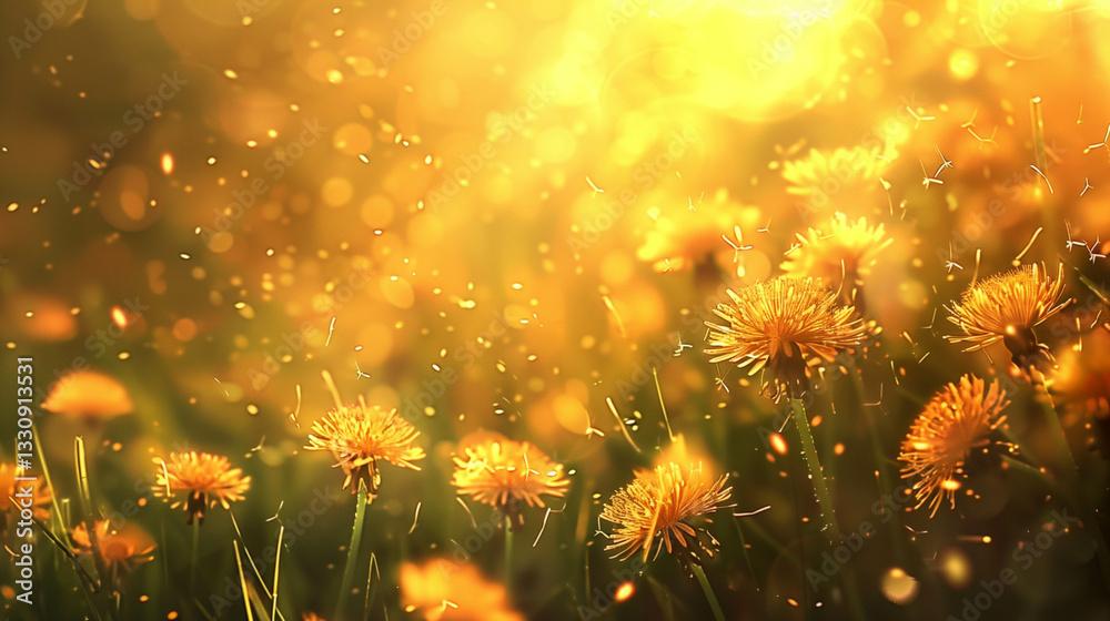 Fototapeta premium Dreamy golden dandelion field glowing in soft sunlight with floating particles