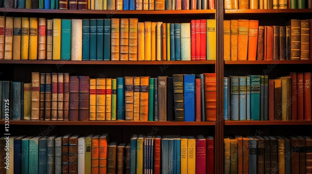 A tall bookshelf filled with colorful books, with open space in the background for creative text or branding. A tall bookshelf filled with colorful books, with open space in the background for creative text or branding.