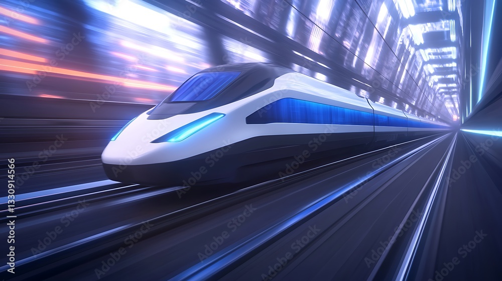 Fototapeta premium Futuristic train speeding through a modern tunnel with vibrant lighting effects.