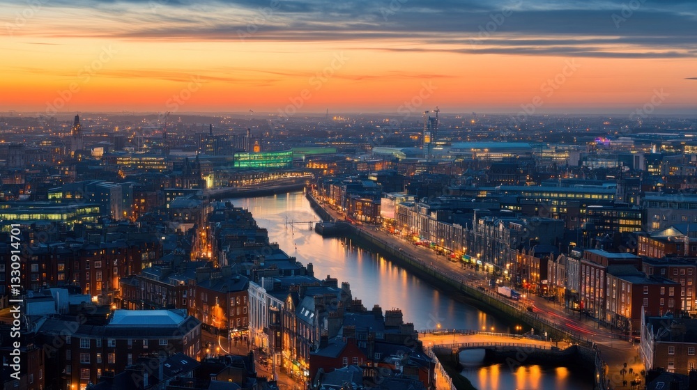 Fototapeta premium Dublin Cityscape at Sunset: Liffey River and City Lights