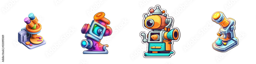 Fototapeta premium Colorful cartoon microscopes displayed against a solid white background isolated on white or transparent