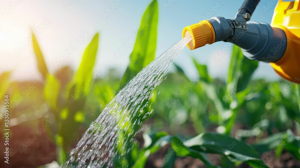 A close-up of a watering can pouring water onto vibrant green plants in a sunny field.