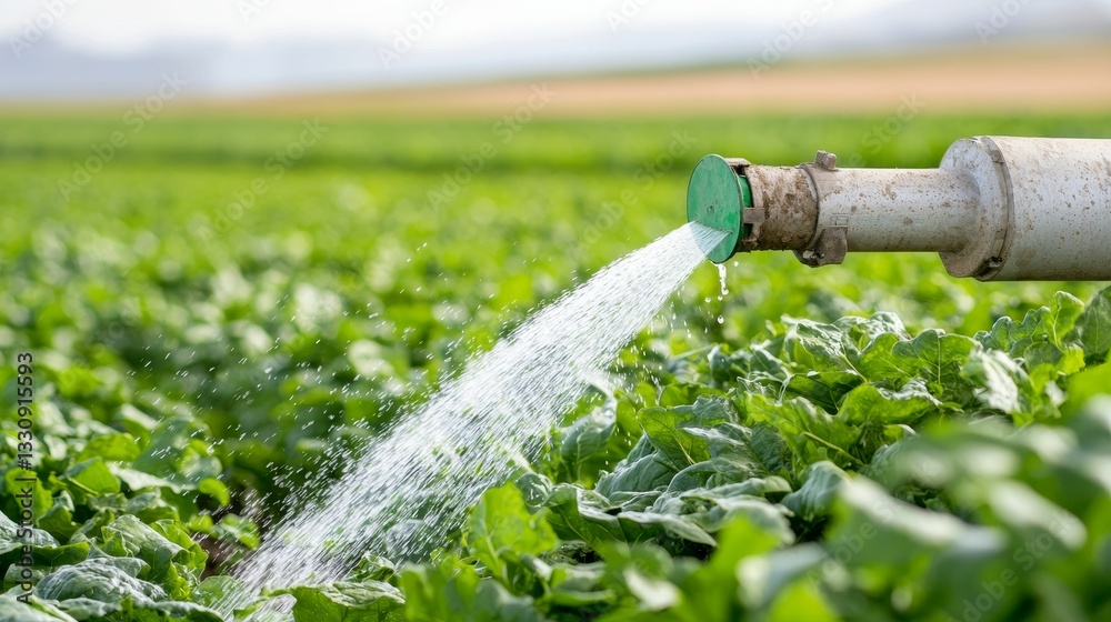 A watering hose sprays water over lush green crops in a field, showcasing agricultural practices and irrigation methods.