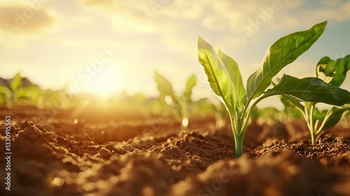 Obraz na płótnie A close-up of young plants growing in soil, illuminated by sunlight, symbolizing growth and renewal in nature. w salonie