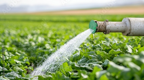 Obraz na płótnie A watering hose sprays water over lush green crops in a field, showcasing agricultural practices and irrigation methods. w salonie