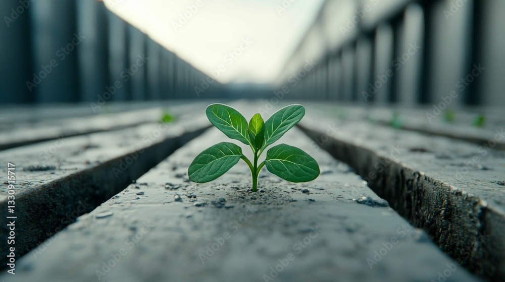 A small green plant sprouts between wooden planks, symbolizing resilience and growth in an urban environment.