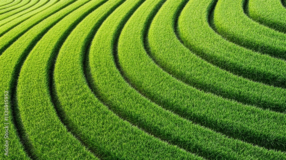 Lush green fields feature wavy patterns, showcasing the beauty of nature and agricultural design.