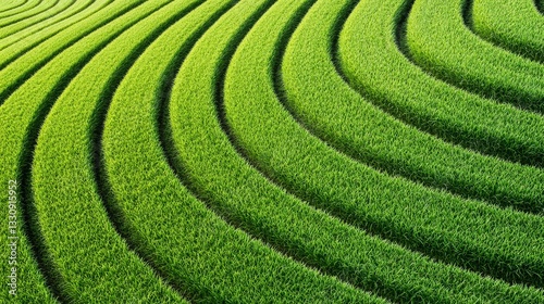 Obraz na płótnie Lush green fields feature wavy patterns, showcasing the beauty of nature and agricultural design. w salonie