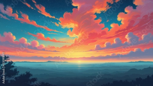 Colorful Sunset Over Misty Mountains