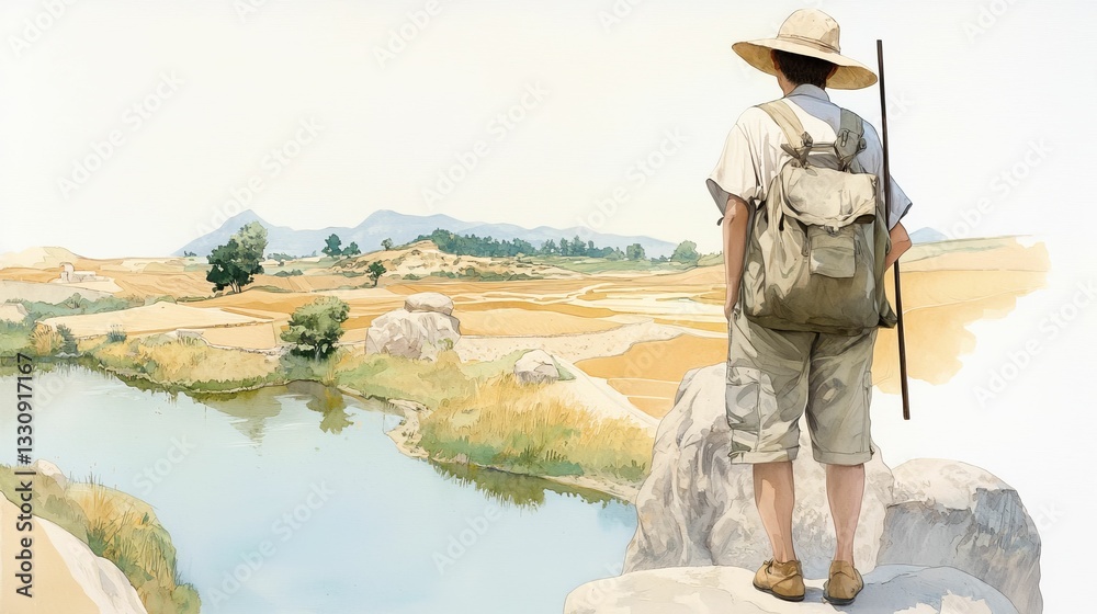 A person stands on a rock, overlooking a serene landscape with a river and fields, embodying a peaceful outdoor adventure.