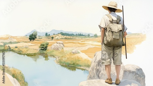 Obraz na płótnie A person stands on a rock, overlooking a serene landscape with a river and fields, embodying a peaceful outdoor adventure. w salonie