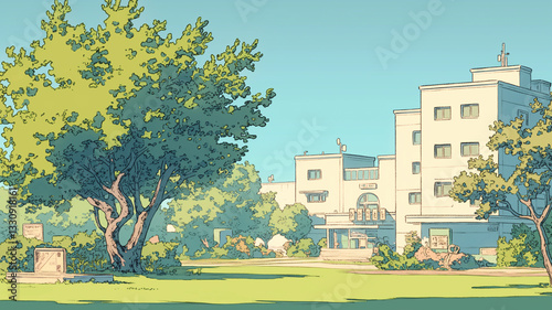 緑豊かな自然に囲まれた近代的な病院建築｜青空と太陽の光が映える医療施設｜心安らぐ環境での医療ケア｜公園のような開放的な病院の外観｜未来的なデザインと温かみのある医療施設｜患者と医療従事者に優しい癒しの空間