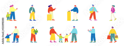 沢山の人々のベクターイラストセット。買い物をしたり、親子で出かけている楽しい雰囲気のフラットデザインイラスト。