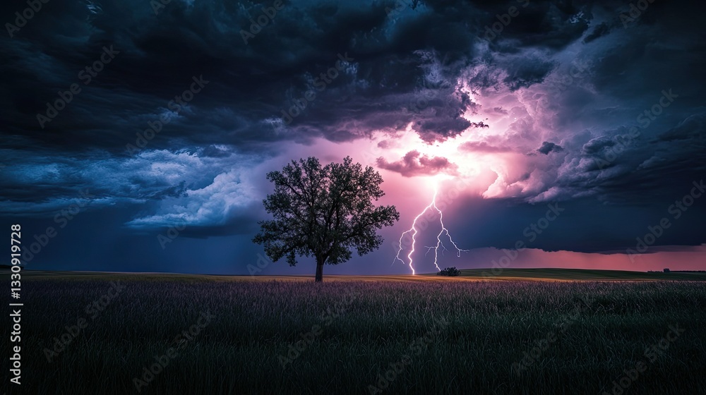 Fototapeta premium Long exposure shot of a storm, lone tree flashing in the brilliance of lightning.