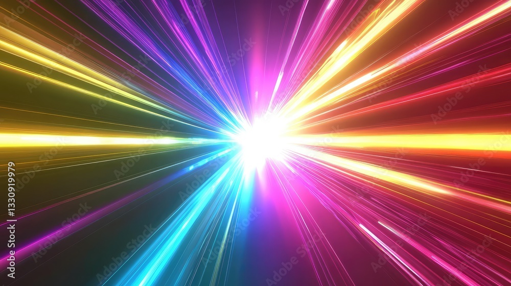 Fototapeta premium Vibrant multicolored light rays converging towards the center, dynamic futuristic effect with a sleek modern look.