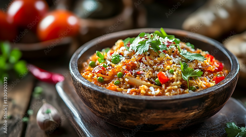 Delicious Arroz a la Jardinera presentation in a wooden bowl, embodying culinary traditions and gastronomic culture of various regions Delicious Arroz a la Jardinera presentation in a wooden bowl, embodying culinary traditions and gastronomic culture of various regions