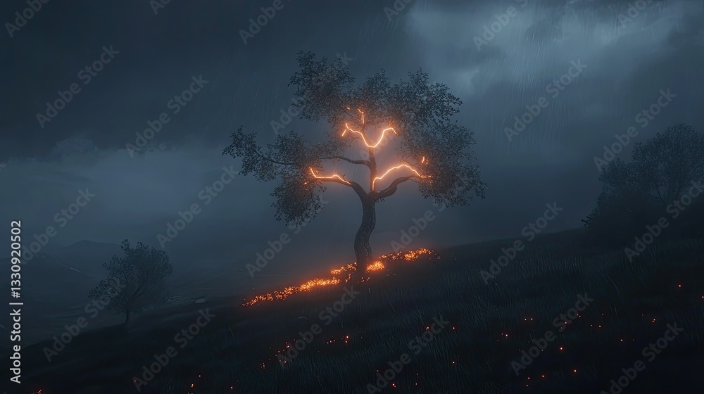 Fototapeta premium Multiple lightning bolts strike near a lone tree, casting an eerie glow on the stormy night landscape.