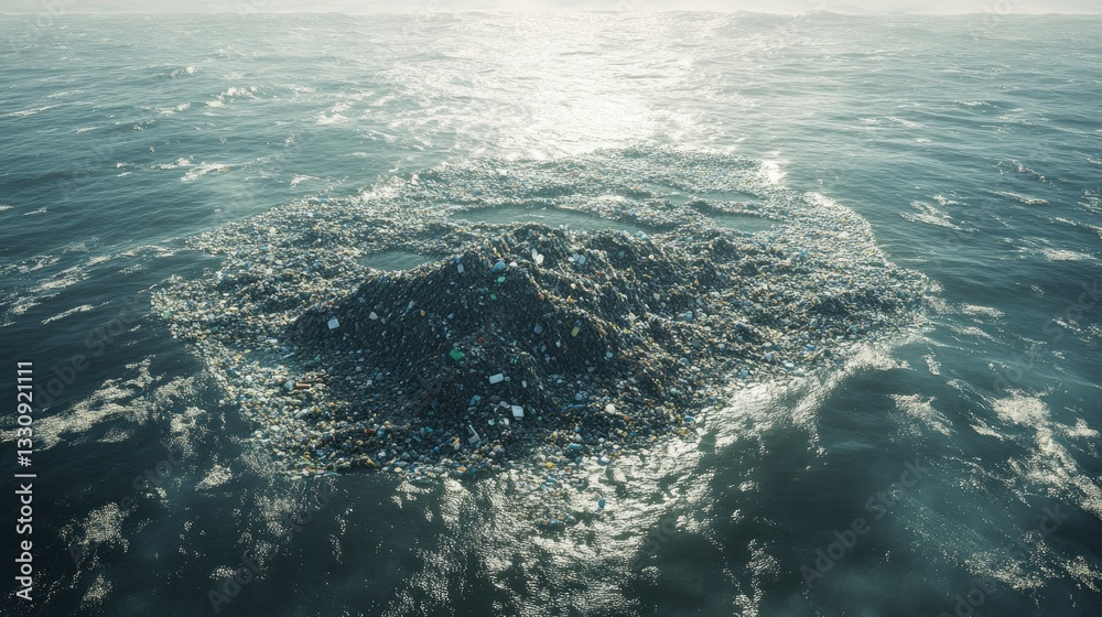 Obraz premium Ocean surface covered in plastic waste, emphasizing environmental damage and pollution crisis.