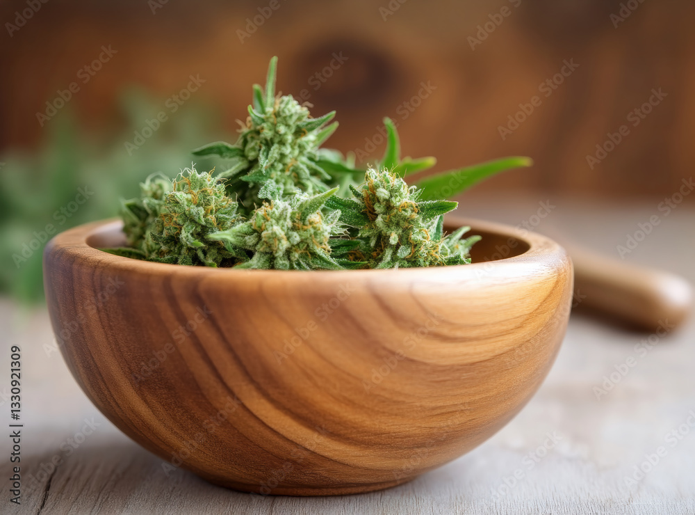 Vibrant cannabis buds showcase their rich green hues in an elegant wooden bowl Vibrant cannabis buds showcase their rich green hues in an elegant wooden bowl