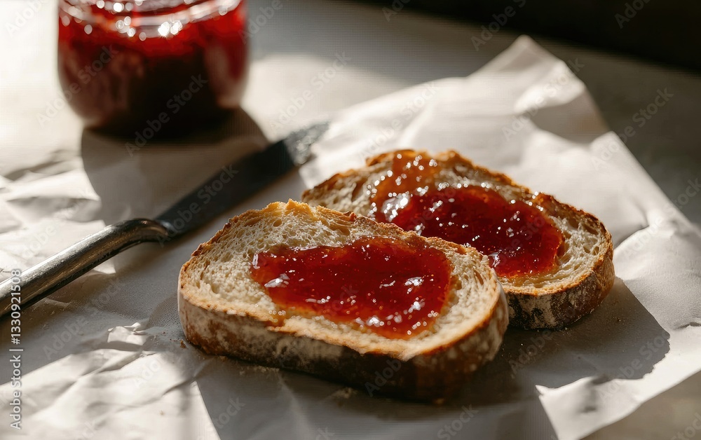 Sourdough Bread With Red Fruit Jam On Parchment Paper Sourdough Bread With Red Fruit Jam On Parchment Paper