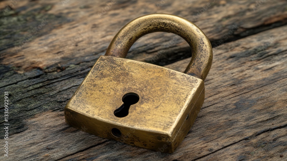 Fototapeta premium Antique Brass Padlock on Weathered Wood