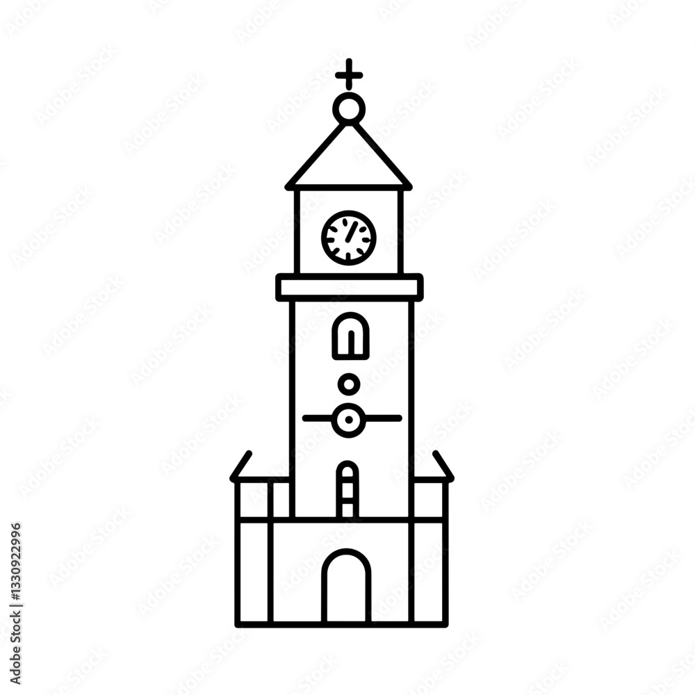 Church tower line art illustration, black and white religious icon Church tower line art illustration, black and white religious icon