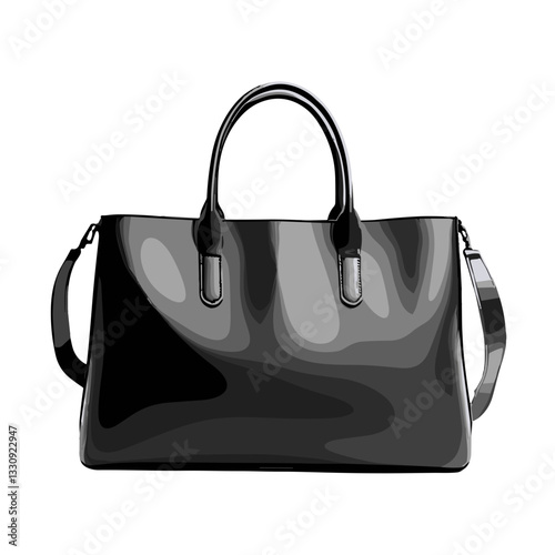 Black glossy handbag with handles and shoulder strap.