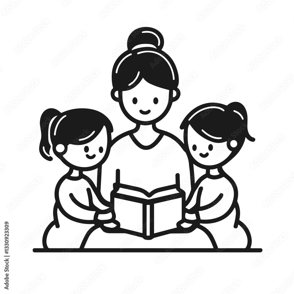 Minimalist Illustration of a Mother Reading with Two Children Minimalist Illustration of a Mother Reading with Two Children