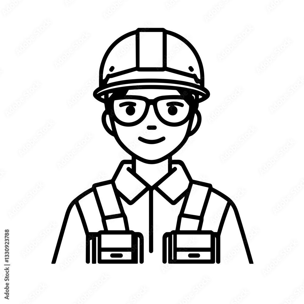 Smiling construction worker icon wearing glasses and safety vest. Vector line art of a smiling construction worker Smiling construction worker icon wearing glasses and safety vest. Vector line art of a smiling construction worker