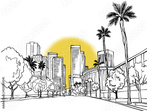 Nice view of modern Los Angeles. USA. Downtown. Sunshine. Hand drawn Urban sketch. Vector illustration. Urban landscape. Postcard style.