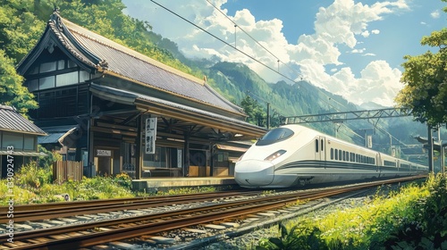 Side view of a bullet train whizzing past an old rural station, blending past and future.