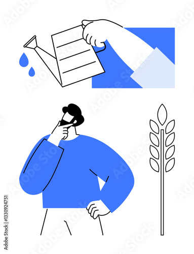 Watering can pouring drops, man in thought, growing wheat stalk. Ideal for growth, agriculture, sustainability, planning, nurturing development creativity. Flat simple metaphor