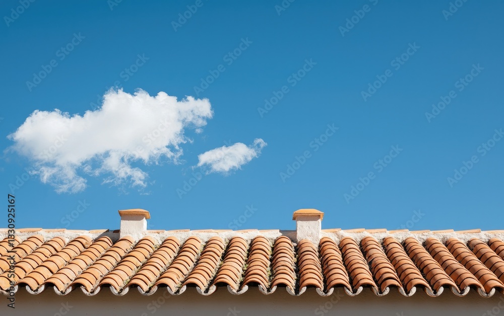 Naklejka premium Terracotta Roof With White Chimneys And Blue Sky