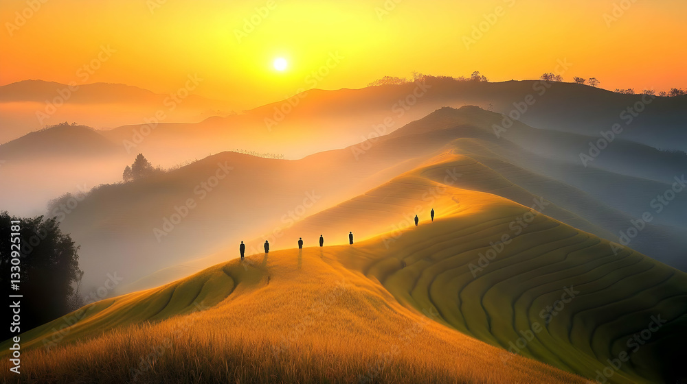 Spectacular Golden Sunset Over Rolling Hills With a Group of Silhouetted People During the Evening in a Misty Orange Sky Landscape Spectacular Golden Sunset Over Rolling Hills With a Group of Silhouetted People During the Evening in a Misty Orange Sky Landscape