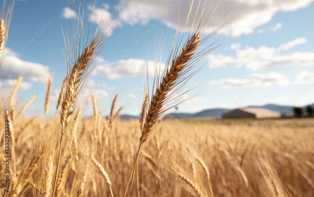 Fototapeta premium Golden Wheat Field Under Blue Sky Close Up