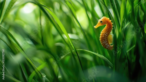 A seahorse camouflaged among swaying green seagrass