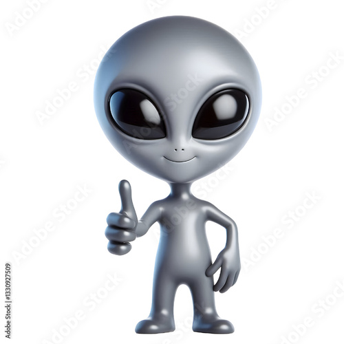 Cute gray alien doing thumbs up on white background