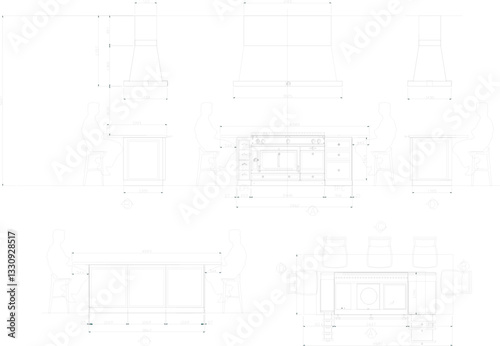 vector illustration sketch design of modern classic vintage kitchen set home kitchen and dining table