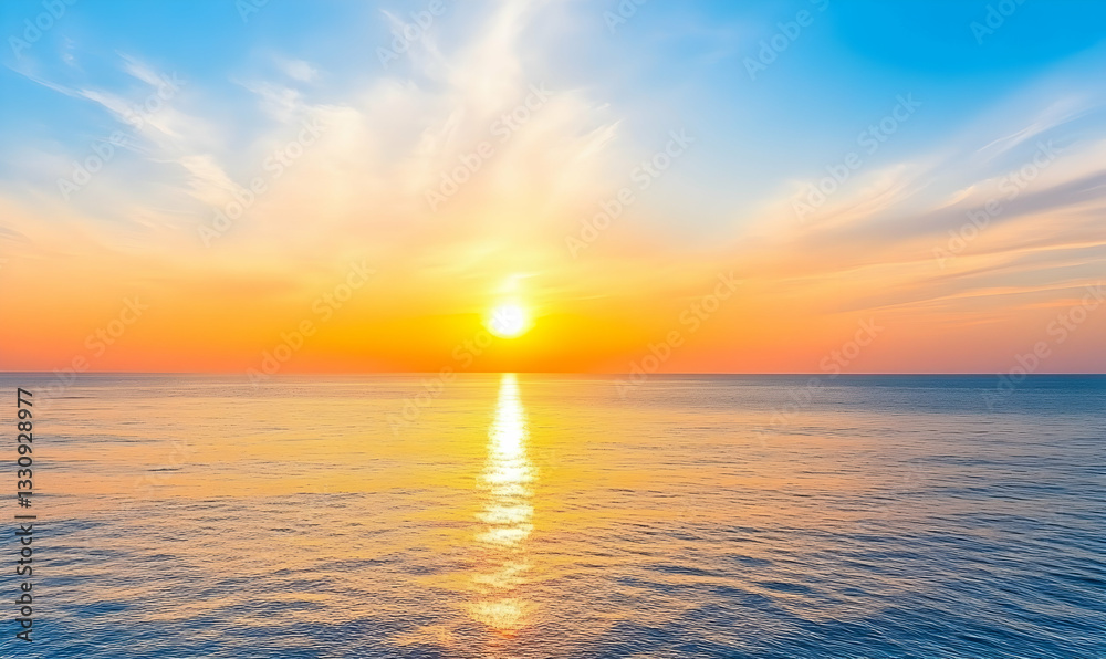 Naklejka premium Serene ocean sunset with vibrant, colorful sky; idyllic tranquil scene.