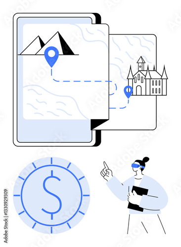 Digital map on tablet with landmarks, route, and location pins. Woman planning with VR. Focus on travel, adventure, trip booking, tourism navigation budgeting digital tools. Flat simple metaphor