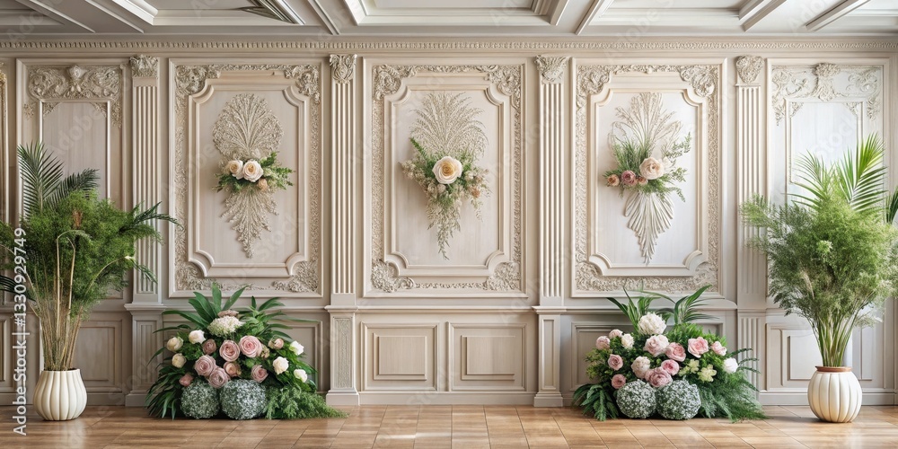 Fototapeta premium Elegant interior with ornate wall paneling, adorned with pastel floral arrangements and lush greenery in classic urns.