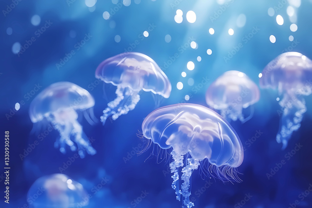 A group of jellyfish are floating in the ocean A group of jellyfish are floating in the ocean