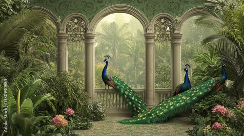 luxuriant garden scene, traditional arched framework, graceful peacocks amid tropical plants, paradise garden setting, vintage botanical elements, detailed architectural features, soft green