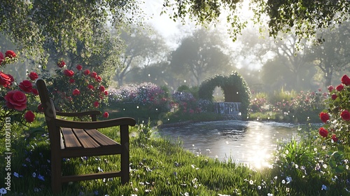 Wooden bench in rose garden, morning sunlight, tranquil pond